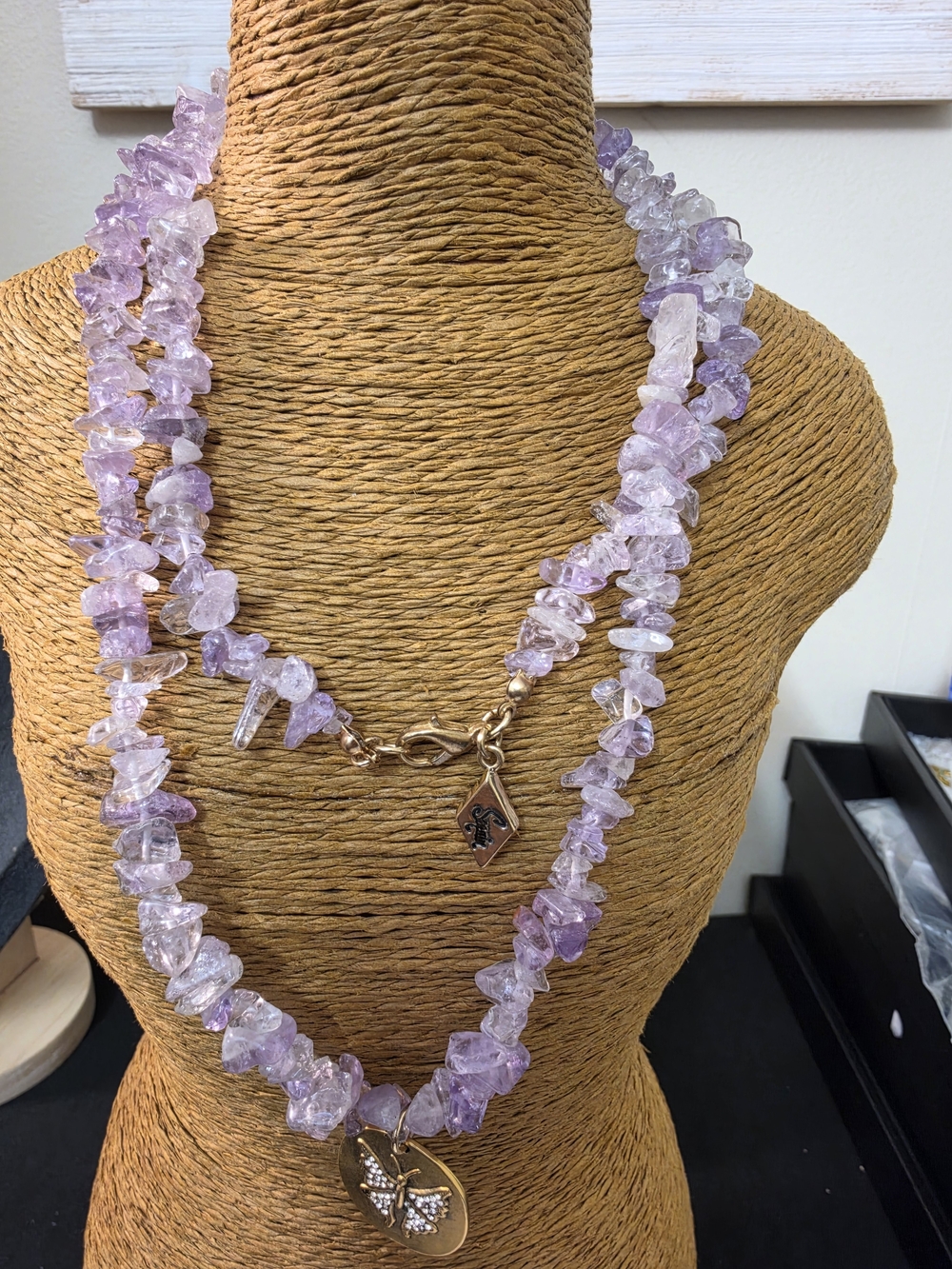 Lavender Amethyst Chip Necklace with Gold Pendant - Women Jewelry